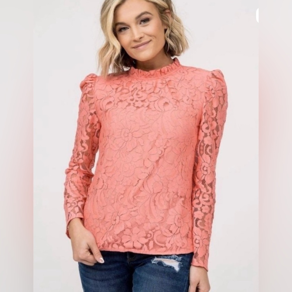 Rachel Parcell | Women’s Coral Lace Ruffle Neck Button Down Back Blouse Top Pink